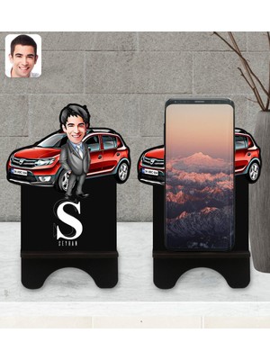 BK Kişiye Özel Plakalı Erkek Dacia Sandero Karikatürlü Ahşap Biblo Telefon Standı-1