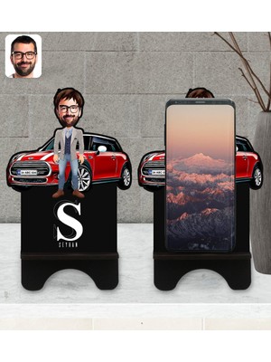 BK Kişiye Özel Plakalı Erkek Mini Cooper Karikatürlü Ahşap Biblo Telefon Standı-1