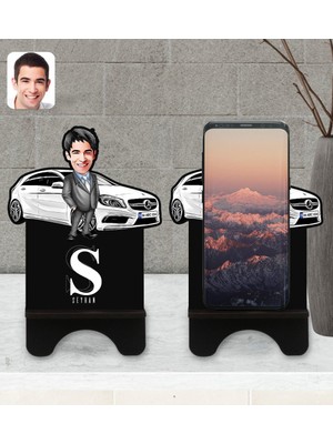BK Kişiye Özel Plakalı Erkek Mercedes A180 Karikatürlü Ahşap Biblo Telefon Standı-1