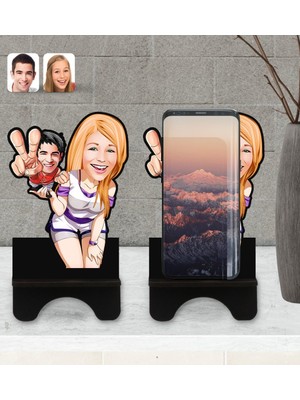 BK Kişiye Özel Sevgililer Karikatürlü Ahşap Biblo Telefon Standı-30