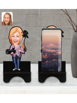 BK Kişiye Özel Kadın Fotoğrafçı Karikatürlü Ahşap Biblo Telefon Standı-1