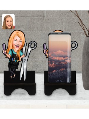BK Kişiye Özel Kadın Kuaför Karikatürlü Ahşap Biblo Telefon Standı-1
