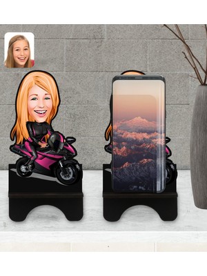 BK Kişiye Özel Kadın Motorcu Karikatürlü Ahşap Biblo Telefon Standı-1