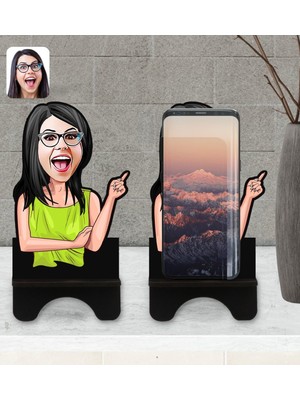 BK Kişiye Özel Kadın Karikatürlü Ahşap Biblo Telefon Standı-19