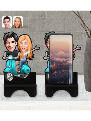 BK Kişiye Özel Sevgililer Karikatürlü Ahşap Biblo Telefon Standı-99