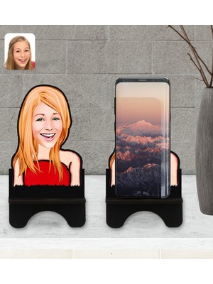 BK Kişiye Özel Kadın Karikatürlü Ahşap Biblo Telefon Standı-33