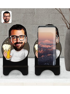 BK Kişiye Özel Erkek Karikatürlü Ahşap Biblo Telefon Standı-51