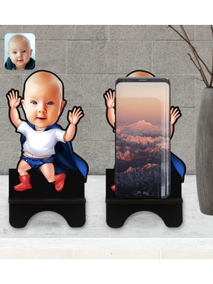BK Kişiye Özel Bebek Karikatürlü Ahşap Biblo Telefon Standı-3