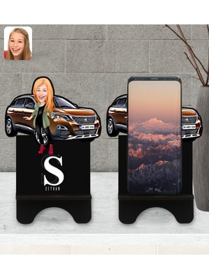 BK Kişiye Özel Plakalı Kadın Peugeot 3008 Karikatürlü Ahşap Biblo Telefon Standı-2