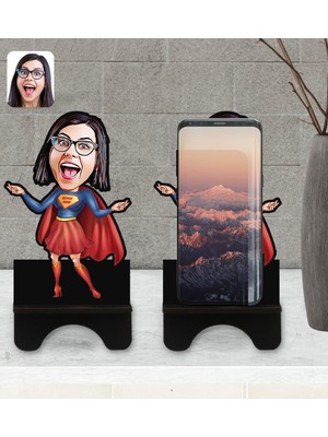 BK Kişiye Özel Süper Anne Karikatürlü Ahşap Biblo Telefon Standı-1