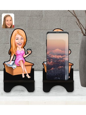 BK Kişiye Özel Kadın Patron Karikatürlü Ahşap Biblo Telefon Standı-7