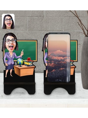 BK Kişiye Özel Kadın Öğretmen Karikatürlü Ahşap Biblo Telefon Standı-1