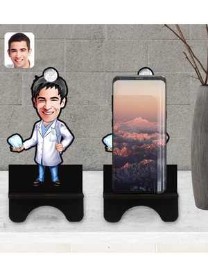 BK Kişiye Özel Erkek Diş Hekimi Karikatürlü Ahşap Biblo Telefon Standı-3