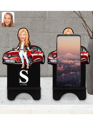 BK Kişiye Özel Plakalı Kadın Renault Clio Karikatürlü Ahşap Biblo Telefon Standı-1