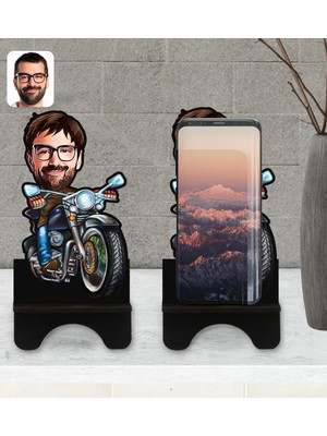 BK Kişiye Özel Erkek Motorcu Karikatürlü Ahşap Biblo Telefon Standı-2