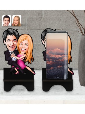 BK Kişiye Özel Sevgililer Karikatürlü Ahşap Biblo Telefon Standı-13