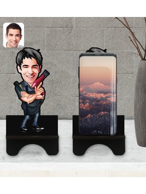 BK Kişiye Özel Erkek Kuaför Karikatürlü Ahşap Biblo Telefon Standı-1