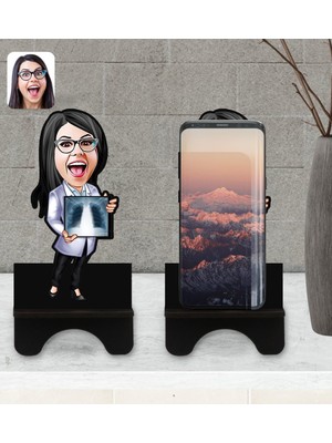 BK Kişiye Özel Kadın Radyolojist Karikatürlü Ahşap Biblo Telefon Standı-1