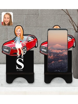 BK Kişiye Özel Plakalı Kadın Audi A3 Karikatürlü Ahşap Biblo Telefon Standı-1