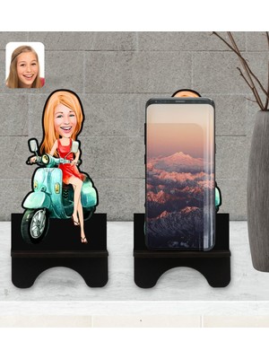 BK Kişiye Özel Kadın Karikatürlü Ahşap Biblo Telefon Standı-24