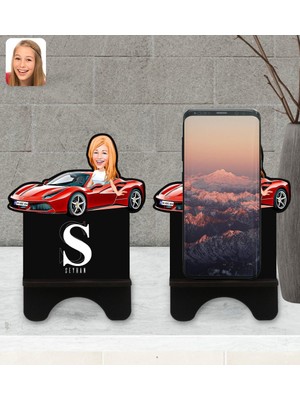 BK Kişiye Özel Plakalı Kadın Ferrari F12 Karikatürlü Ahşap Biblo Telefon Standı-1
