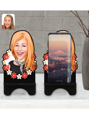 BK Kişiye Özel Kadın Karikatürlü Ahşap Biblo Telefon Standı-51