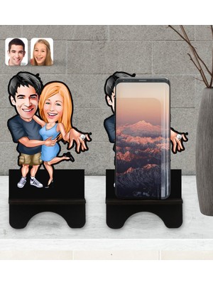 BK Kişiye Özel Sevgililer Karikatürlü Ahşap Biblo Telefon Standı-14