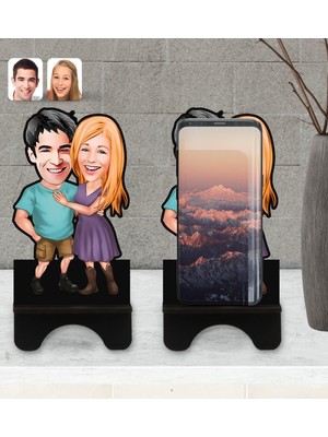 BK Kişiye Özel Sevgililer Karikatürlü Ahşap Biblo Telefon Standı-80