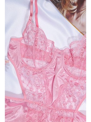 Ege Shop Pembe Çiçekli Balenli Desenli Dantelli Transparan Bodysuit Iç Çamaşırı