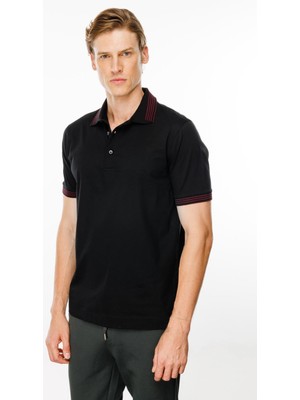 Desen Triko Erkek Polo Yaka Yakası Şerit Desenli T-Shirt Siyah