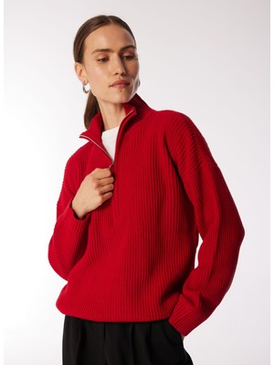 Fabrika Fermuarlı Yaka Geniş Fit Düz Kırmızı Kazak Kadın Katten