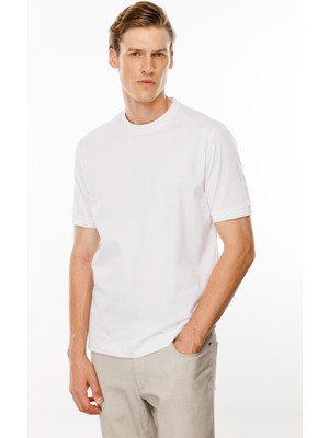 Desen Triko Erkek Sıfır Yaka Basic Pamuklu T-Shirt Beyaz