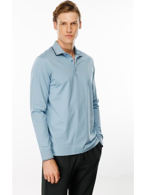 Desen Triko Erkek Polo Yaka Uzun Kollu Sweatshirt Mavi