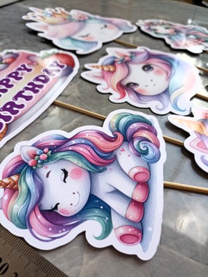 Hiras Dizayn 7parça Unicorn Tekboynuz Büyük Pasta Kürdanı Pasta Süsü Cupcake Kürdanı Doğum Günü Süsleri