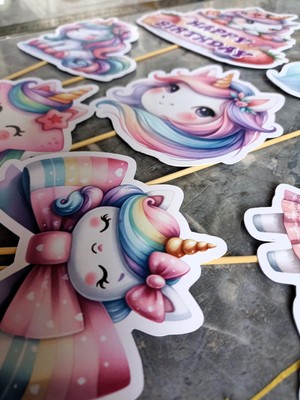 Hiras Dizayn 7parça Unicorn Tekboynuz Büyük Pasta Kürdanı Pasta Süsü Cupcake Kürdanı Doğum Günü Süsleri