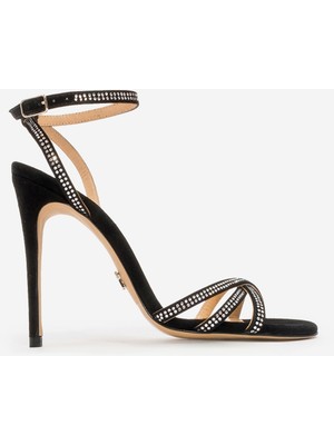 Dericlub Kadın Taşlı Sivri Topuk Bilek Bağlama Süet Topuklu Ayakkabı  Deri Sy 27367 Siyah