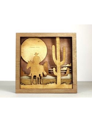 Wood-X Kovboy Temalı Ahşap Mdf Çok Katmanlı Dekoratif Tablo, Vahşi Batı Tablosu