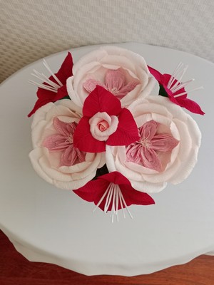 Kibele Sanat Mini Şeffaf Saksıda Pembe-Kırmızı Yapay Jüliet Gülü, Taşlı 25 cm Dekoratif Ofis, Mutfak, Masa Çiçeği