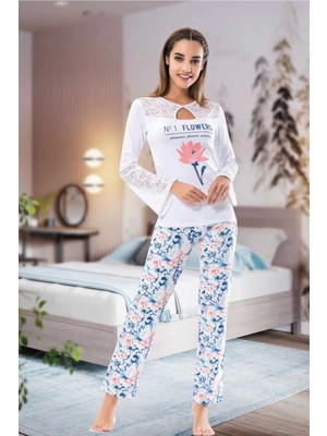 Pileli Store Uzun Kol Dantelli Kadın Pijama Takım 1115