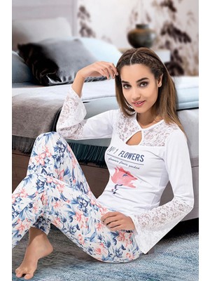 Pileli Store Uzun Kol Dantelli Kadın Pijama Takım 1115