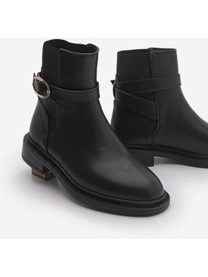 Marjin Kadın Altın Tokalı Lastikli Günlük Bot Rodop Siyah