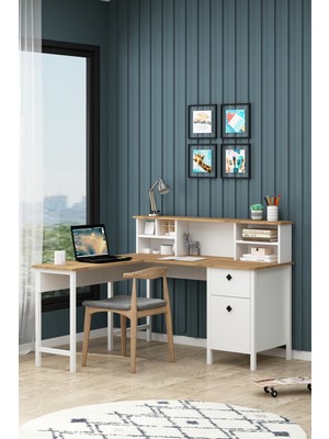 Remy L Köşe Sepet Beyaz Raflı Bilgisayar Ofis Masası Çalışma Masası