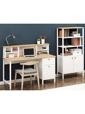 Remy Ahşap Kulplu Çalışma Masası ve Remy Kitaplık Sepet Beyaz