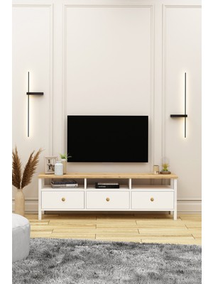Remy Ahşap Kulplu Tv Ünitesi 150 cm Sepet-Beyaz Alt Modül