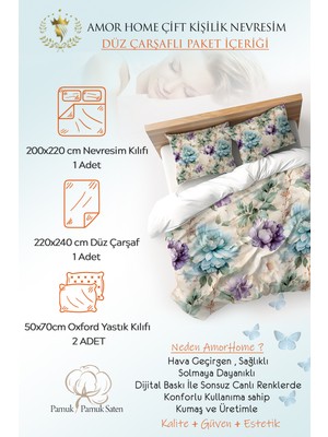 Amor Home Çift Kişilik  Pamuk Saten Nevresim Takımı Floral Blue