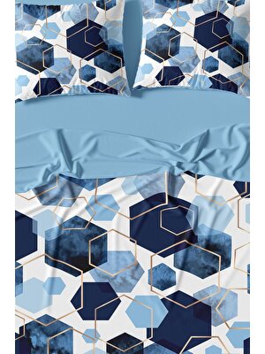 Amor Home Çift Kişilik  Pamuk Saten Nevresim Takımı Blue Hexagon