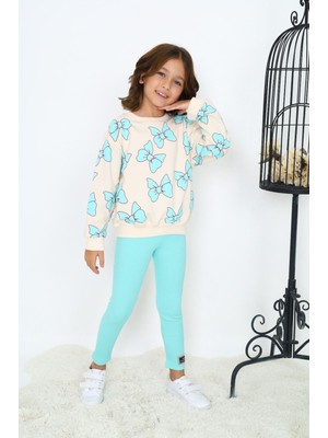 Lolli Boom Kids Kız Çocuk Yeni Sezon Aqua Mavi Kelebek Fiyonk Desen Fitilli Tayt Sweatshirt Alt Üst Takım