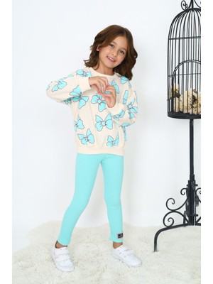 Lolli Boom Kids Kız Çocuk Yeni Sezon Aqua Mavi Kelebek Fiyonk Desen Fitilli Tayt Sweatshirt Alt Üst Takım