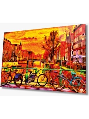 Exela Home Bisiklet ve Şehir Cam Tablo Hediyelik Büyük Tablo Ev Ofis Dekoru