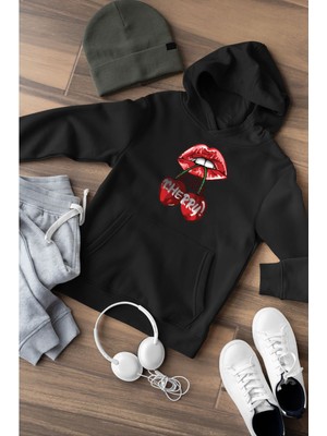 Swozz Cherry Baskılı 3 Iplik Kalın Kışlık Özel Tasarım Kadın Sweatshirt Hoodie